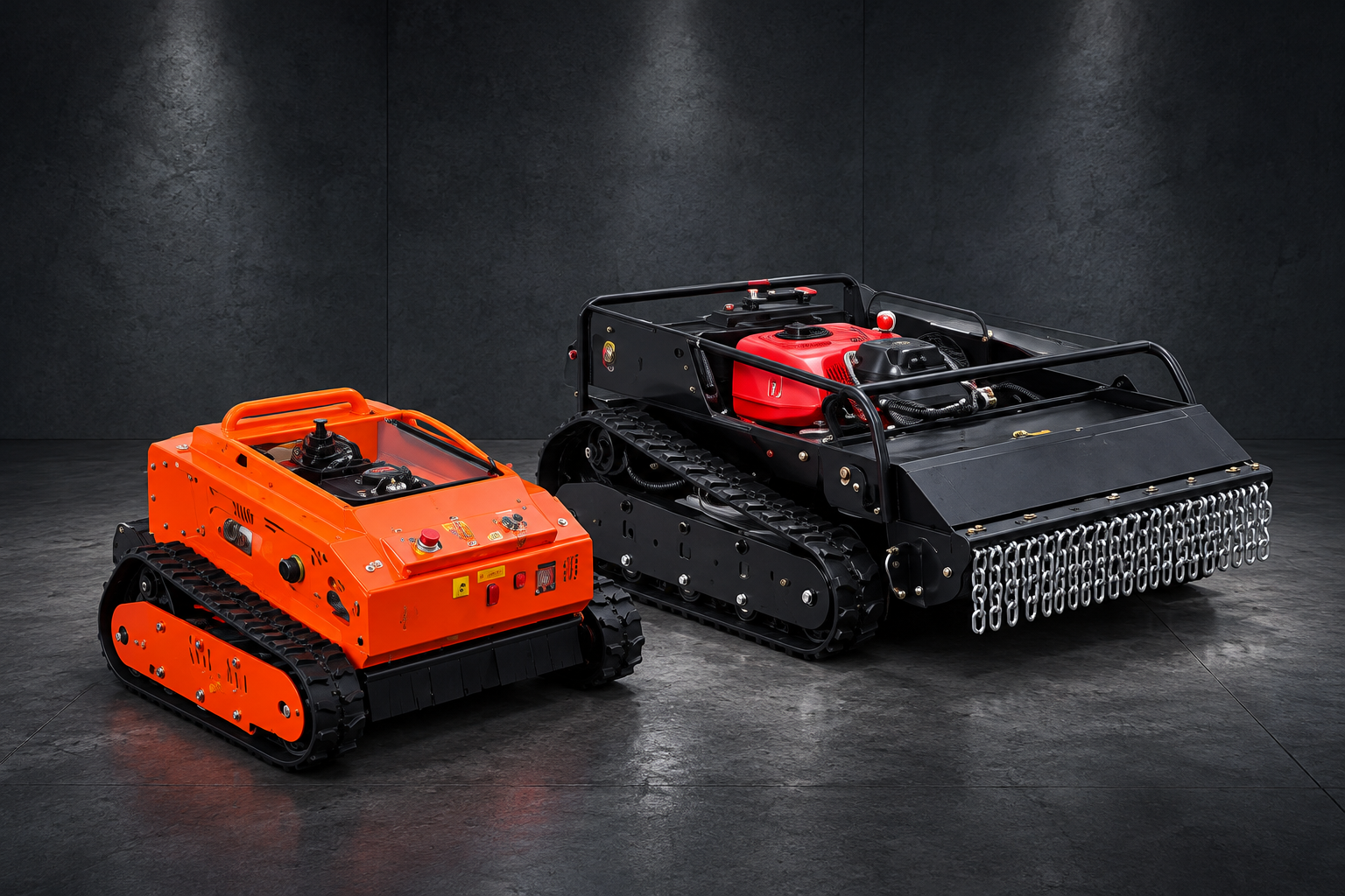 Orange remote-controlled mower and black tracked flail mower